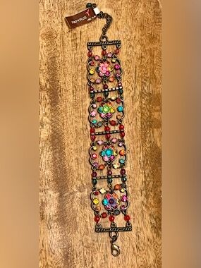 Vintage Ornate Rhinestone Bracelet Bronze Art Nouveau Jewelry Bright Colorful